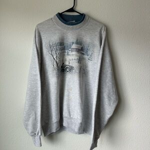 Vintage Jerzees Gray Graphic Sweatshirt Size L Winter Granny Core Blue Collar De
